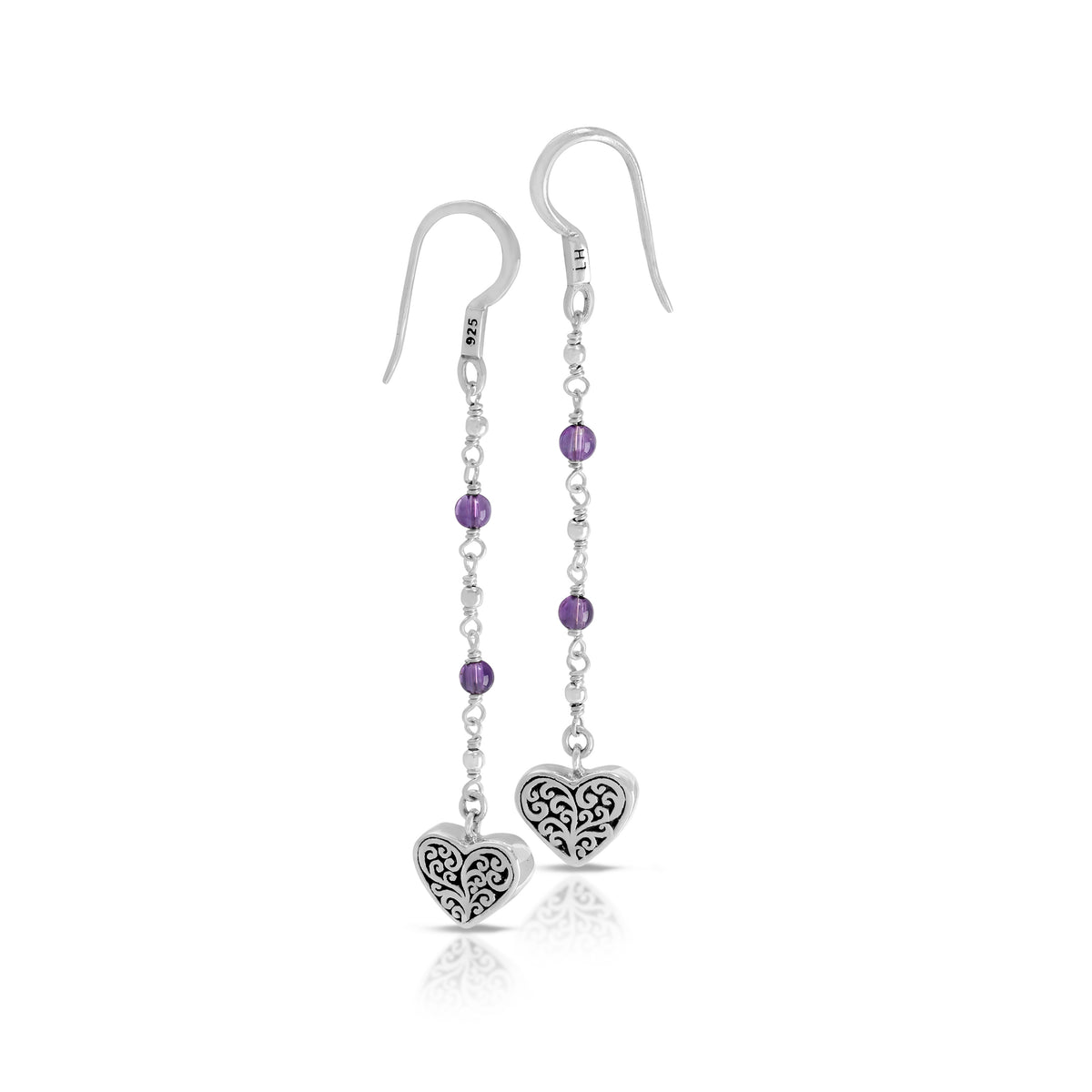 Amethys Beads With Scroll Heart Charm Drop Earring