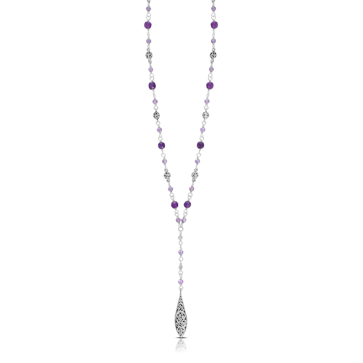 Amethyst & LH Scroll Beads With Marquise Charm Lariat Wire-Wrapped Necklace (17" -20")