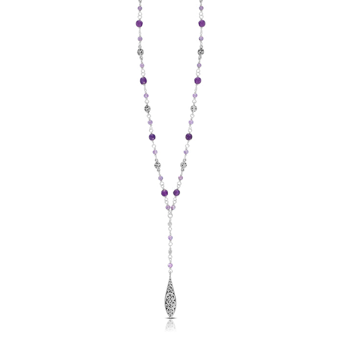 Amethyst & LH Scroll Beads With Marquise Charm Lariat Wire-Wrapped Necklace (17" -20")