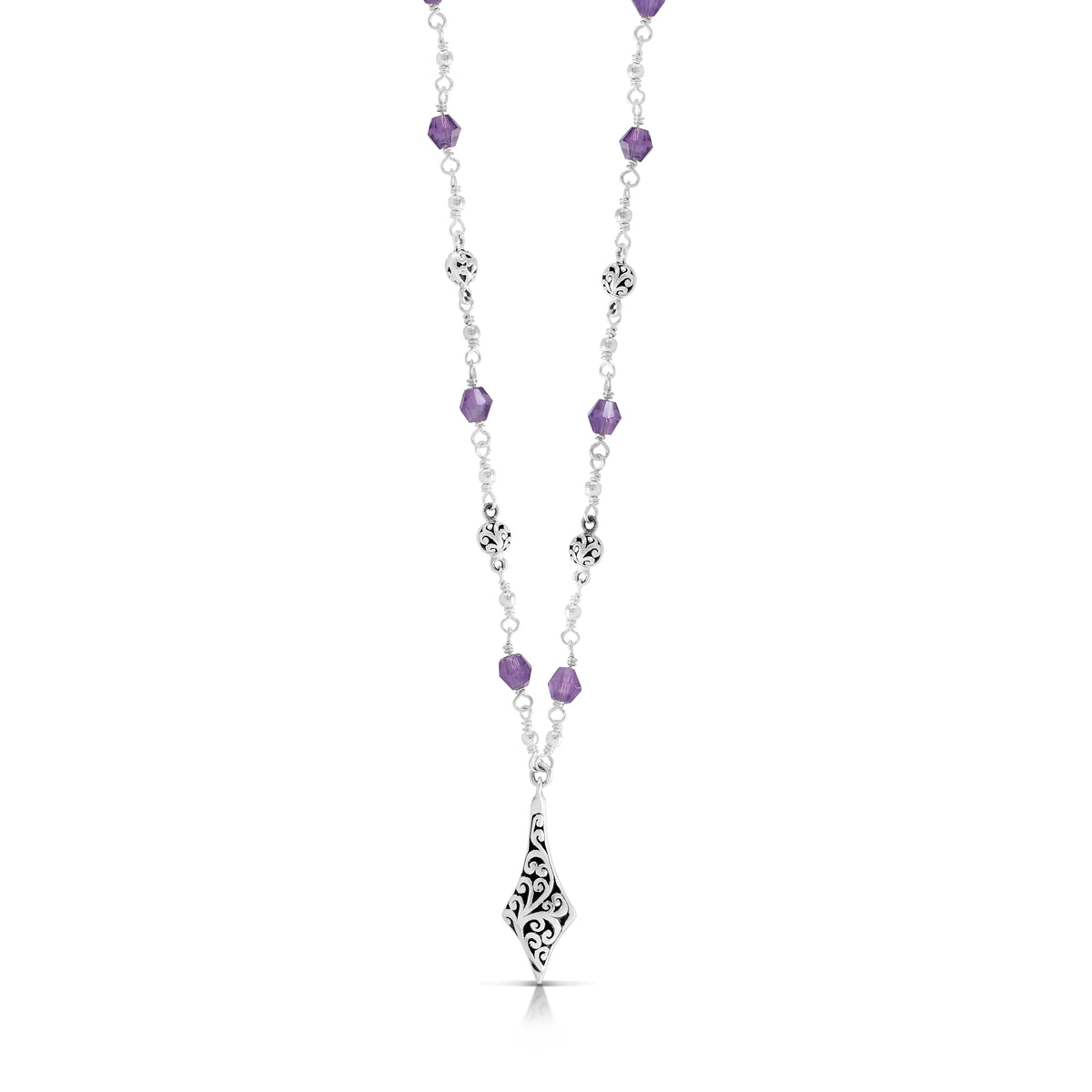Amethyst Faceted Oval & LH Scroll Beads with Diamond-Shape Charm Wire-Wrapped Necklace ( 17" - 20")