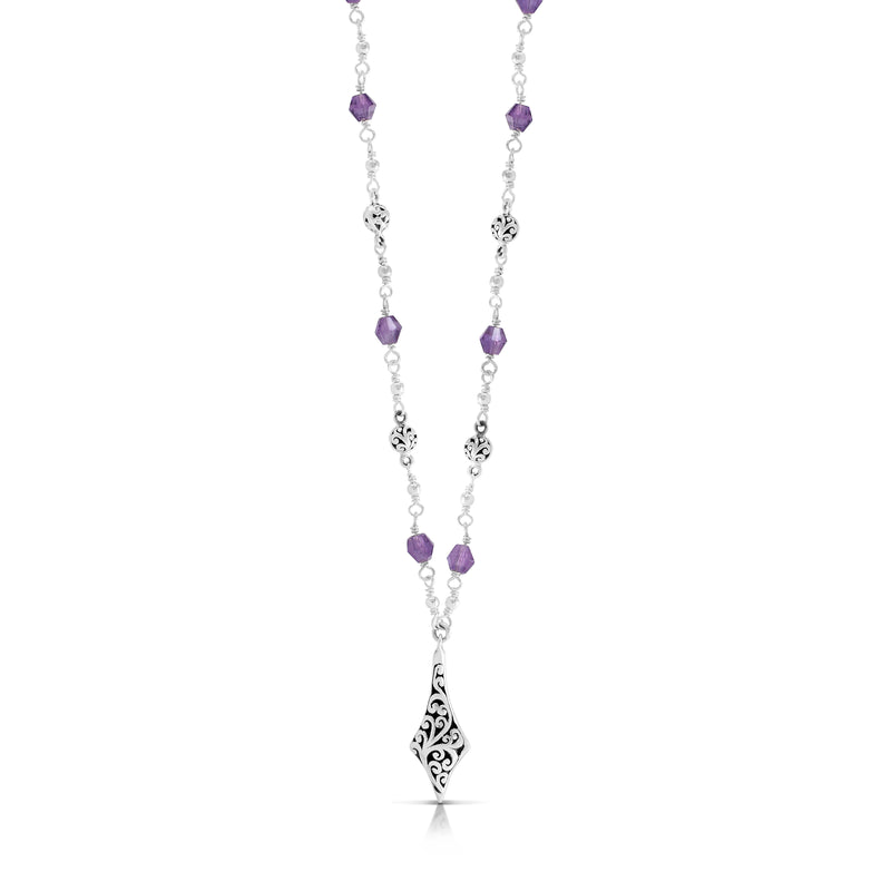 Amethyst Faceted Oval & LH Scroll Beads with Diamond-Shape Charm Wire-Wrapped Necklace ( 17" - 20")