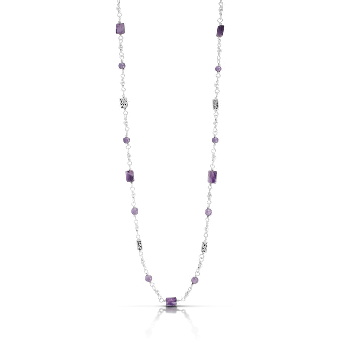 Amethyst Rectangle Beads & LH Scroll Bar Wire-Wrapped Necklace (17"-20")