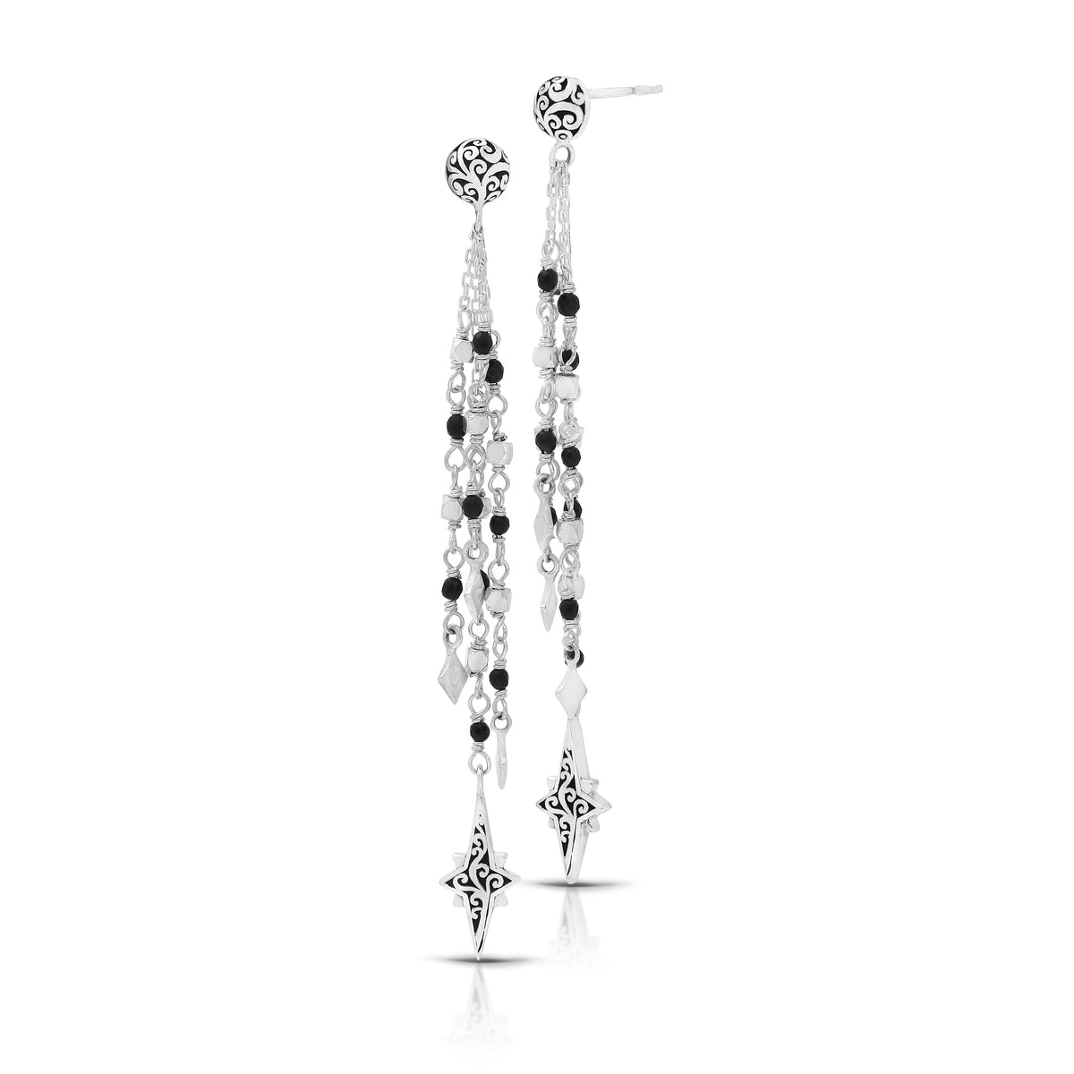 Black Onyx (2mm) Beads Wire-Wrapped Multi Strand with Petite Starbright Charm Post Earrings