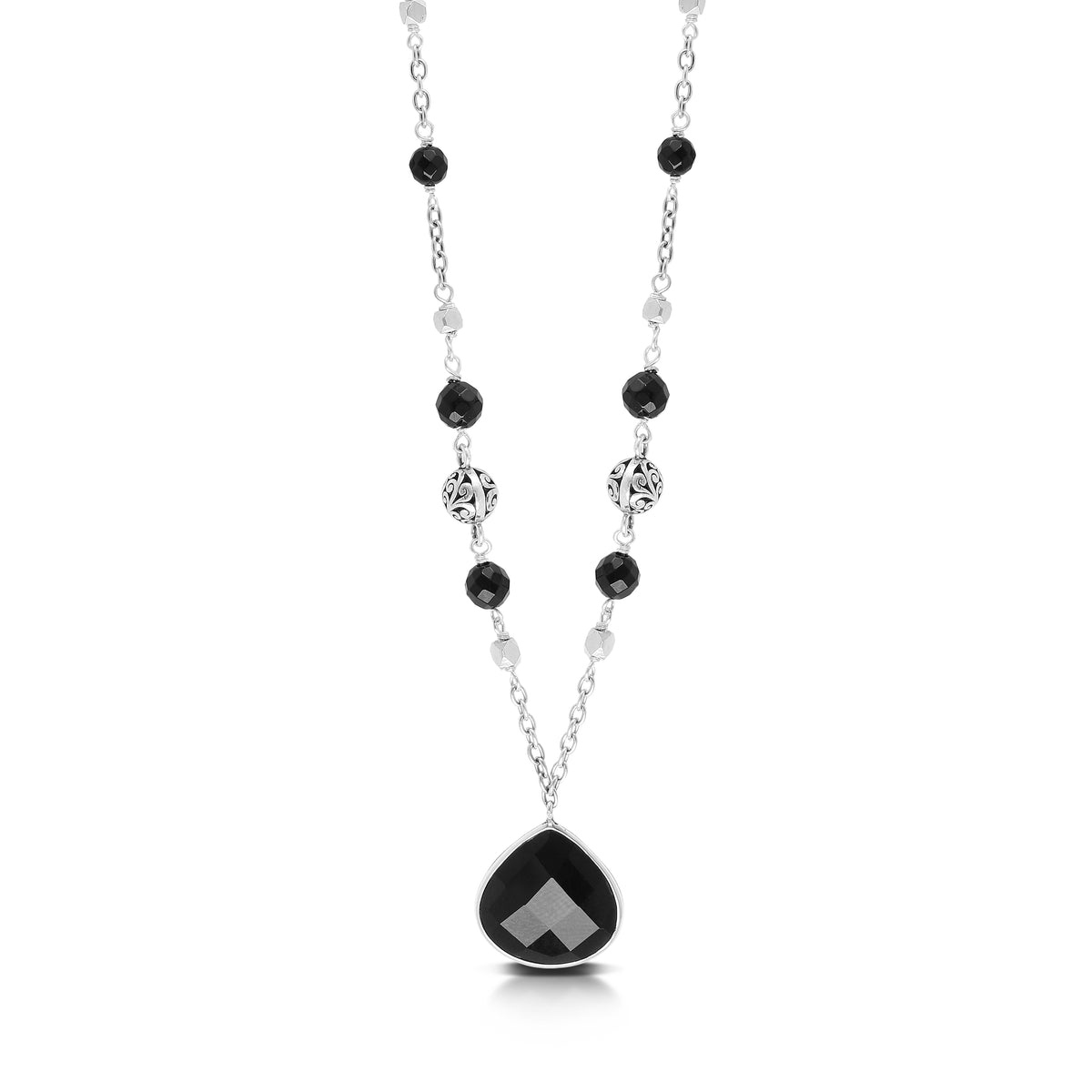 Bulb-Shaped Faceted Black Onyx Pendant with Black Onyx Bead (5mm and 4mm) & Scroll Bead (6mm) Link Chain Necklace