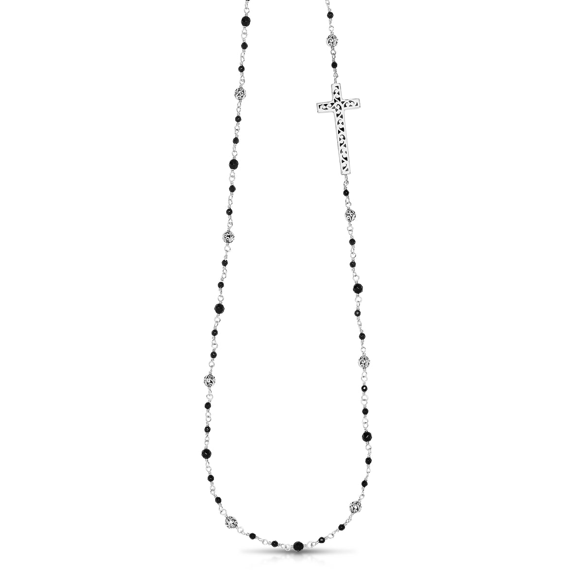 Black Onyx & LH Scroll Beads with 15mm x 30mm in Line Cross Wire-Wrapped Necklace 38"