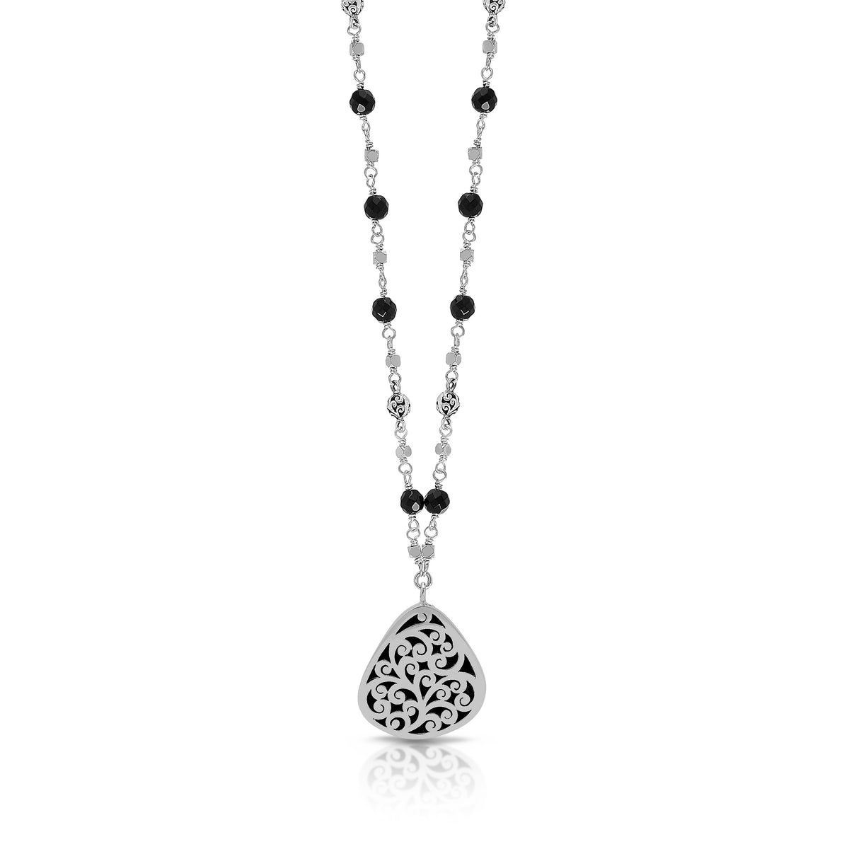 Black Onyx & LH Scroll Beads with Organic-Shaped Pendant Wire-Wrapped Chain Necklace (17-20")