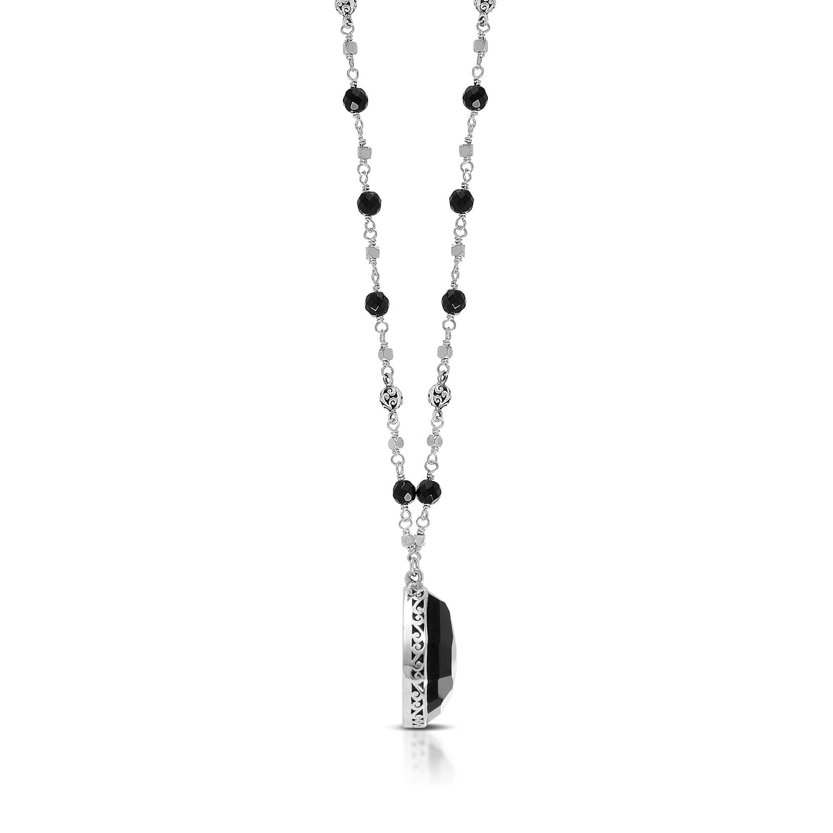 Black Onyx & LH Scroll Beads with Organic-Shaped Pendant Wire-Wrapped Chain Necklace (17-20")