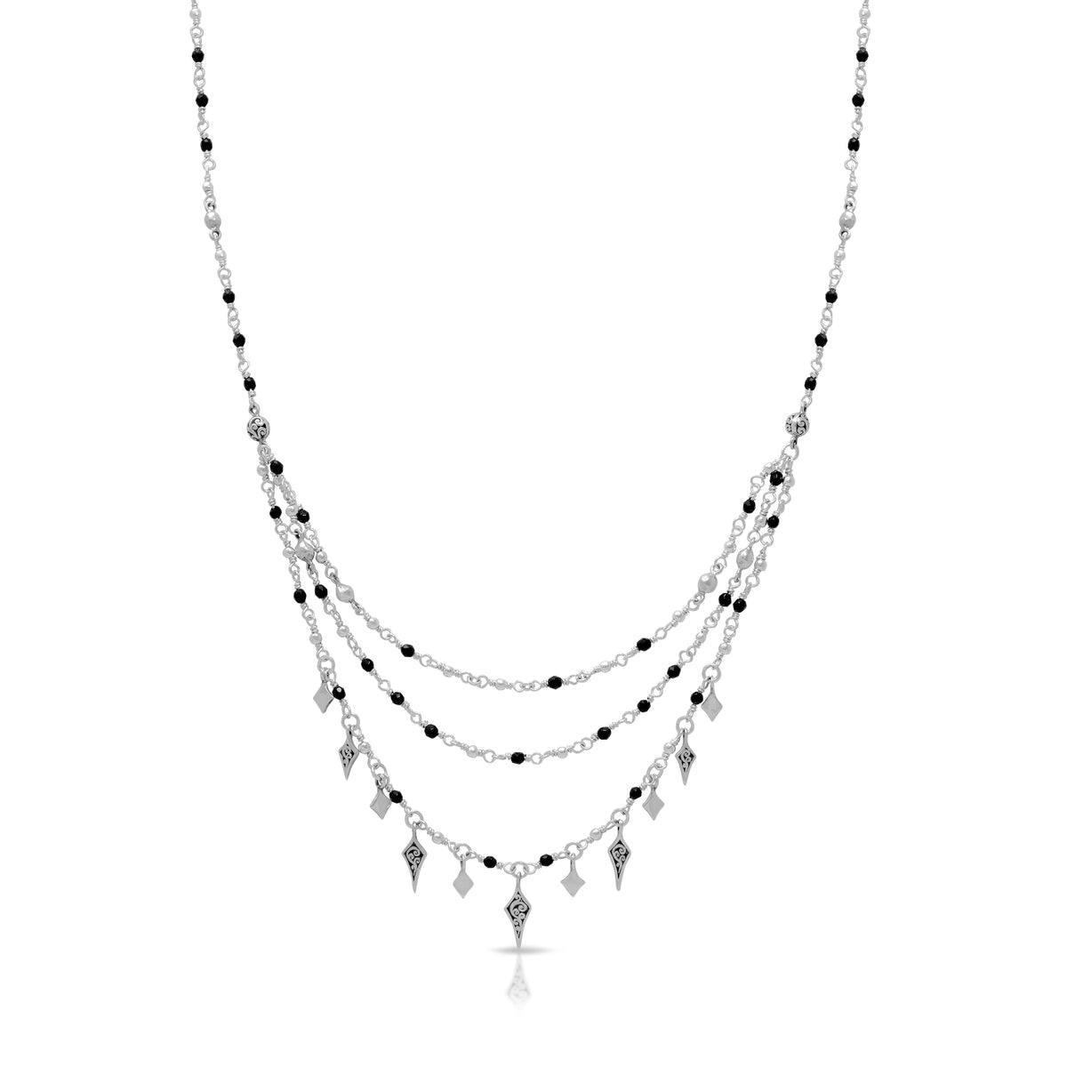Black Onyx Wire-Wrapped Triple Strand with Diamond-Shaped Charm (5mm x 10mm) Necklace (17''-20'')
