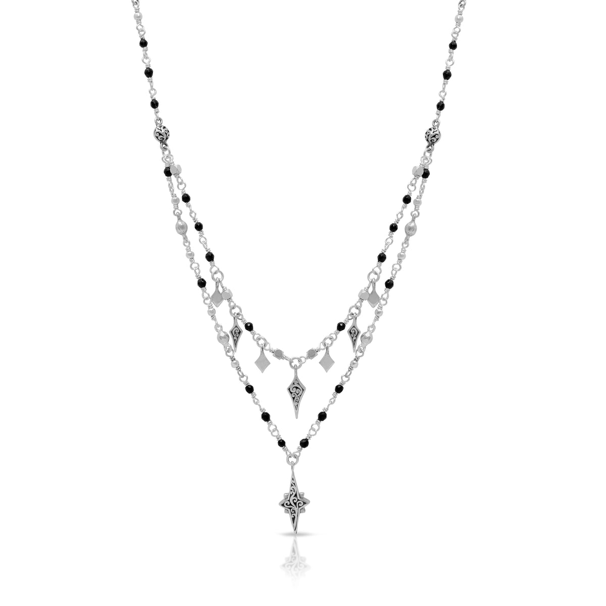 Black Onyx Wire-Wrapped Double Strand with Diamond-Shaped Charm Star-Bright Pendant (7mm x 15mm) Necklace (17''-20'')