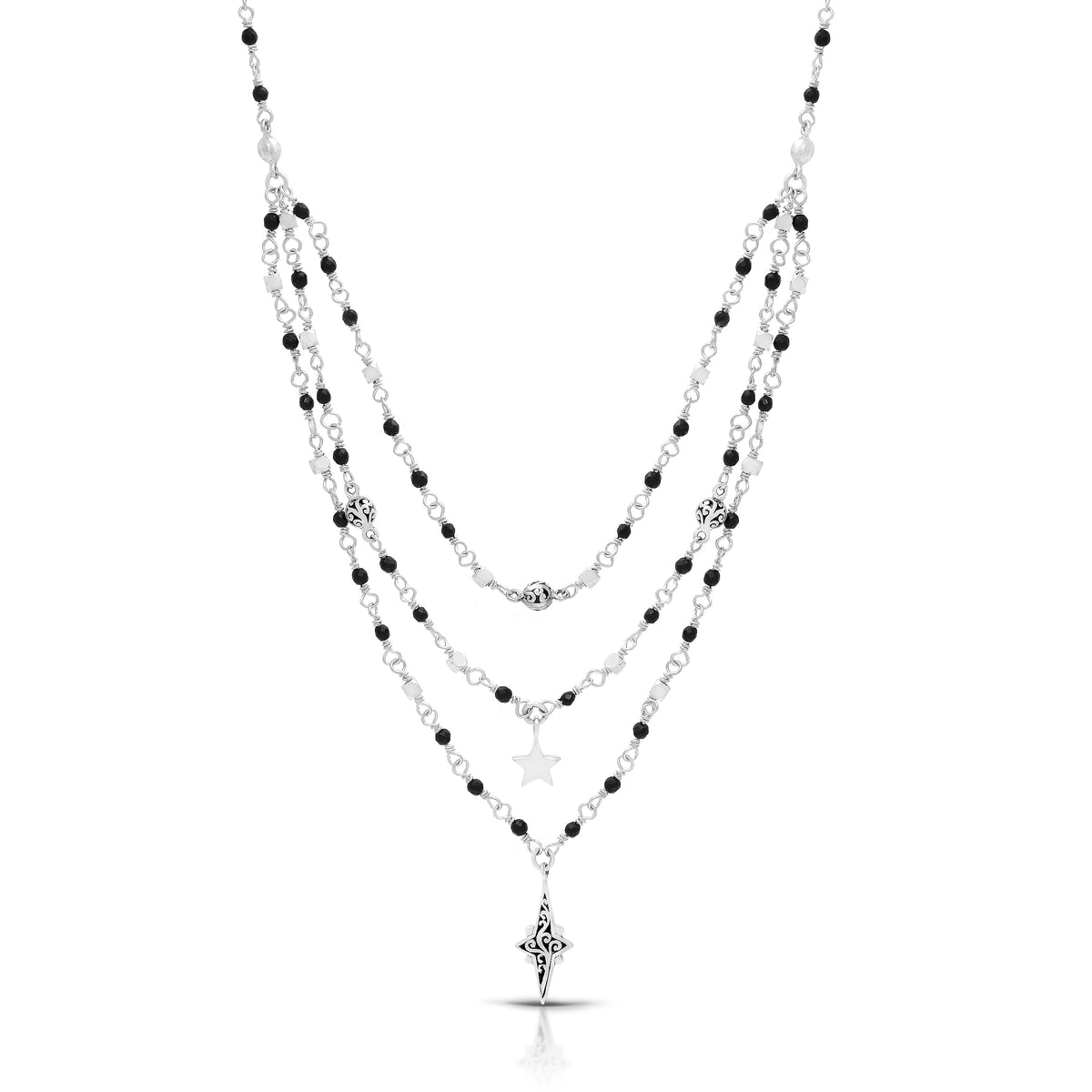 Black Onyx (2mm) Beads Triple Layered Wire-Wrapped with Starbright Charm Necklace 17''-20'' Ext