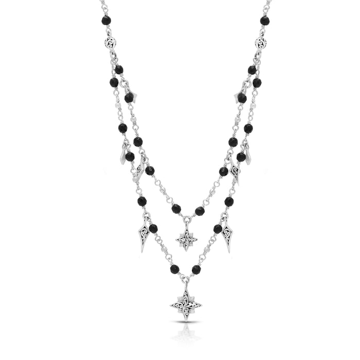 Black Onyx (3mm) Beads Double Layered Wire-Wrapped with Starbright Charm Necklace 17''-20'' Ext
