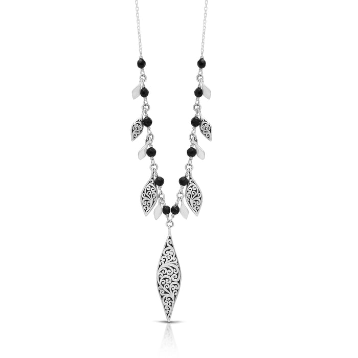 Black Onyx (3mm) Beads Wire-Wrapped & Chain with Marquise Scroll Charm Necklace 16''-18'' Adj