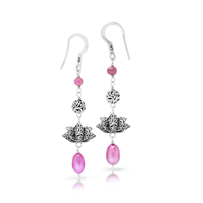Pink Pearl Bead and Scroll Bead with Lotus Sterling Silver Scroll Drop Fishook Earrings