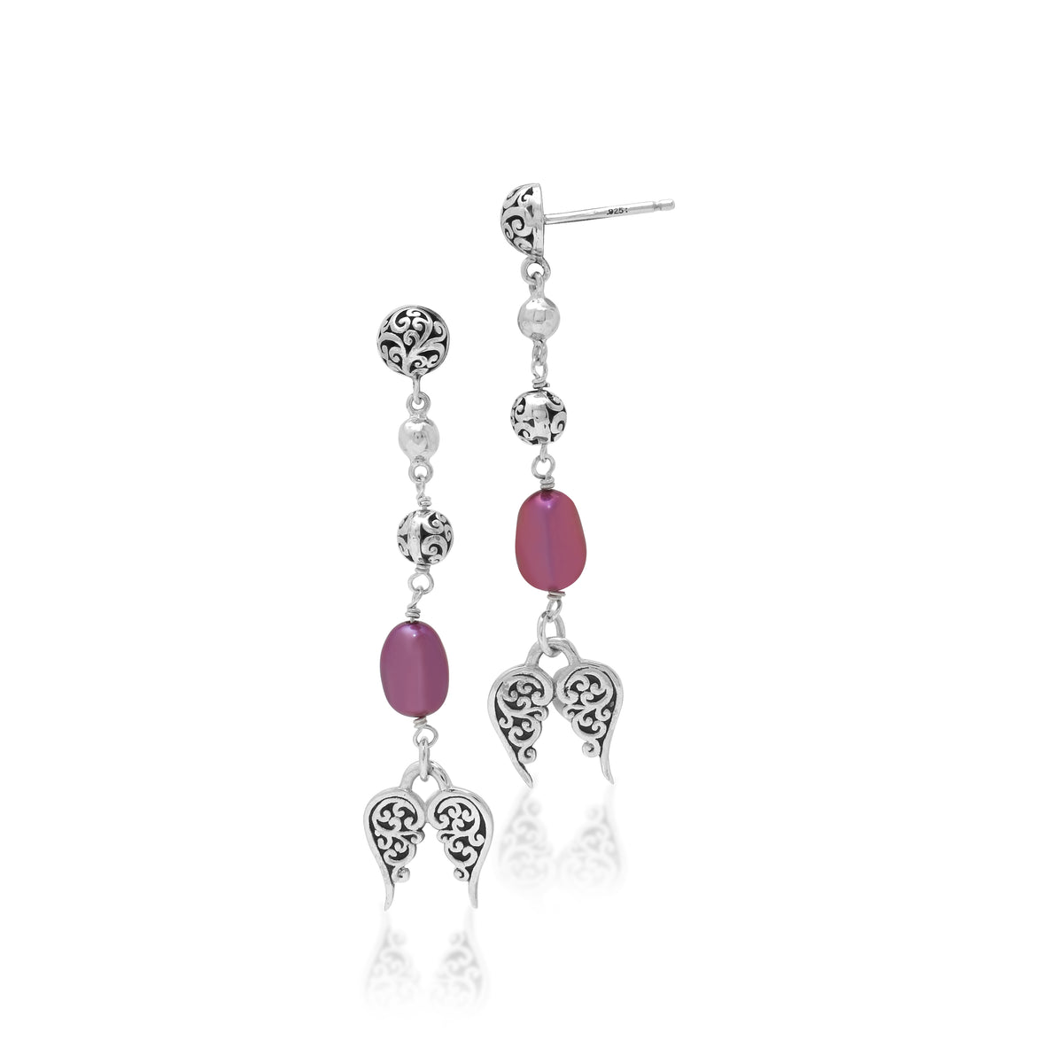 Pink Pearl Bead with Scroll Bead and Signature Scroll Angle-wings Drop Post Earrings