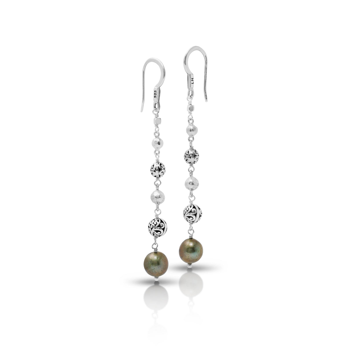 Green Pearl (8mm) Beads with LH Scroll Bead Vertical Drop Fishook Earrings