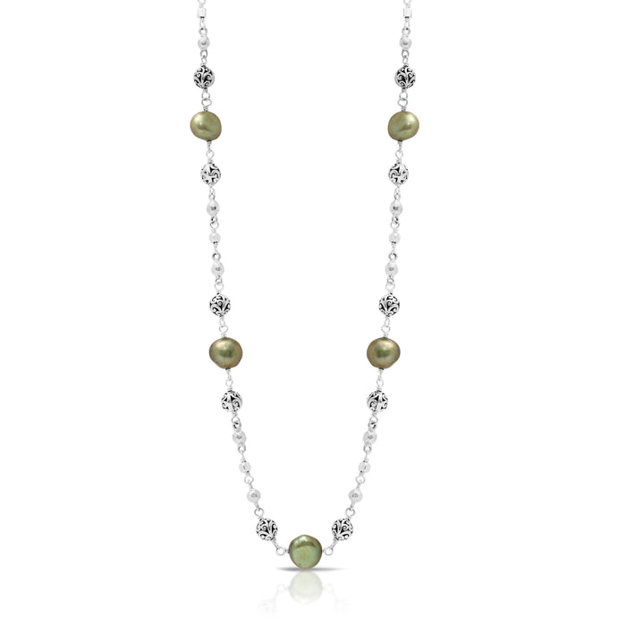 Green Pearl (7mm) Beads with Scroll Bead Wire-Wrapped Chain Necklace 17''-20'' Ext