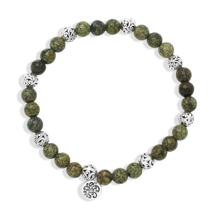 Green Turquoise Bead (6mm) with Scroll Sterling Silver Bead Stretch Bracelet