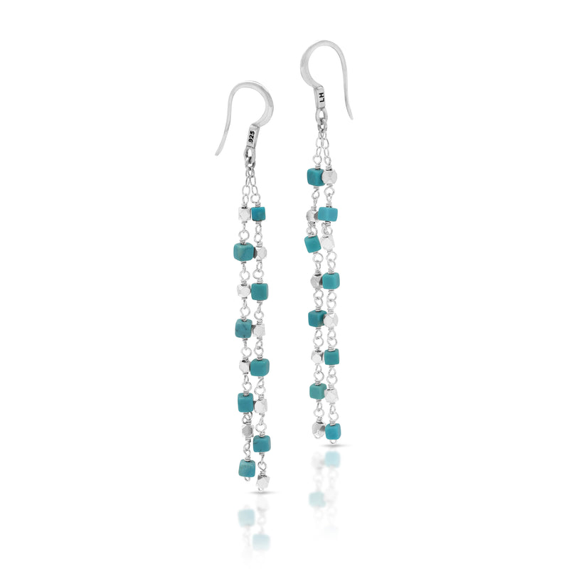Turquoise & Silver Beads Two Strand Chandelier Wire-Wrap Earrings (68mm)