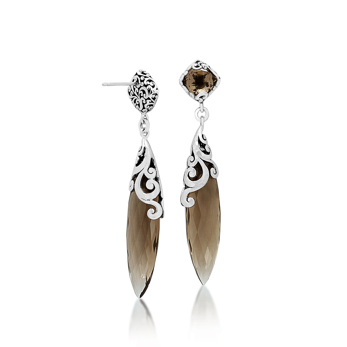 Signature Open Scroll & Smoky Quartz Earrings. 43mm Drop
