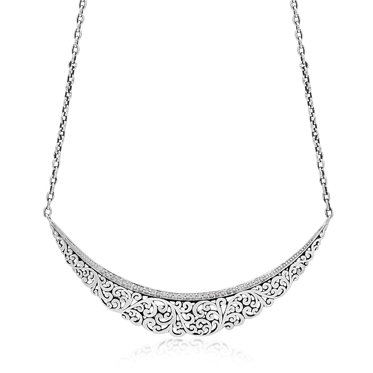 White Diamond Classic Signature Open Scroll Curved Bar Pendant Necklace