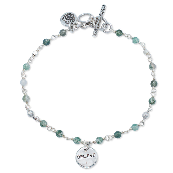 "Believe" Charm LH Scroll with Moss Agate 3mm Wire-Wrapped Bracelet