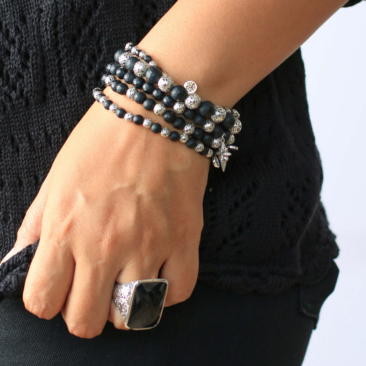 Rectangular Faceted Black Onyx LH Scroll Cocktail
