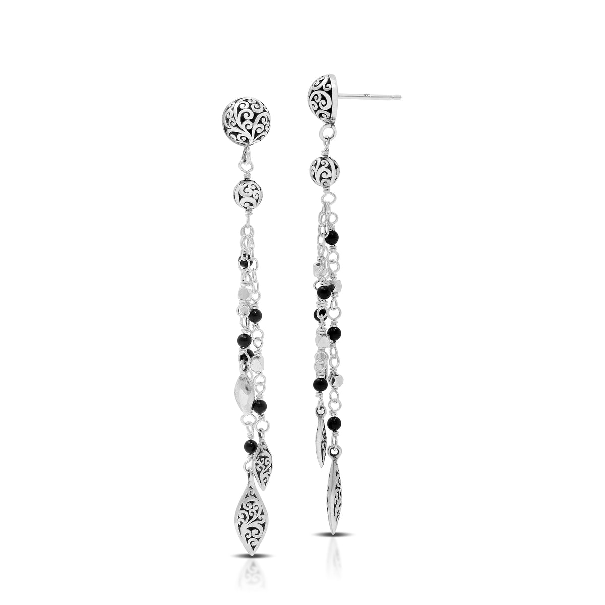 LH Scroll Marquise Charm with Black Onyx Wire-Wrapped Post Earrings