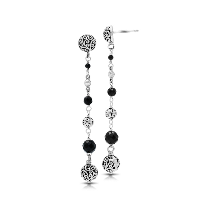 LH Scroll Bead with Faceted Black Onyx Bead Drop Tapered Drop Earrings