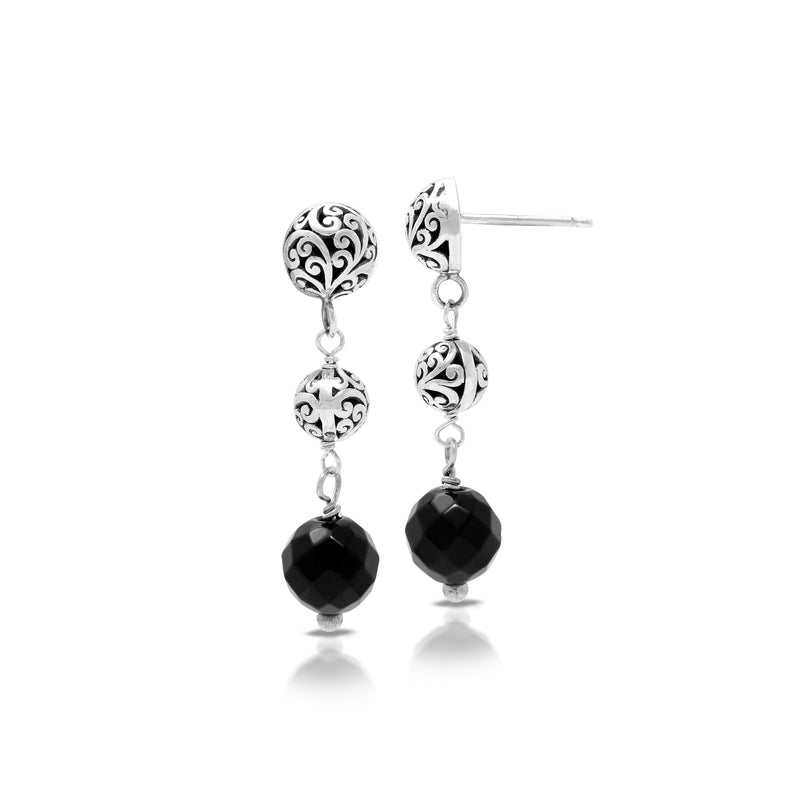 LH Scroll Bead with Faceted Black Onyx Bead Wire-Wrapped Drop Earrings
