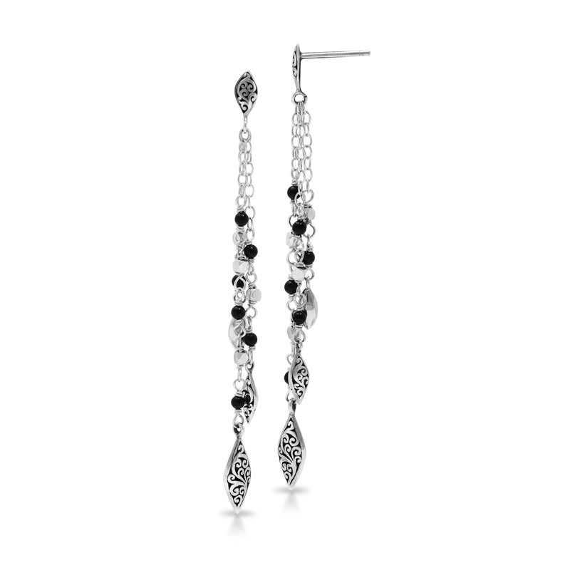 LH Scroll Marquise Charm with Black Onyx Waterfall Earrings
