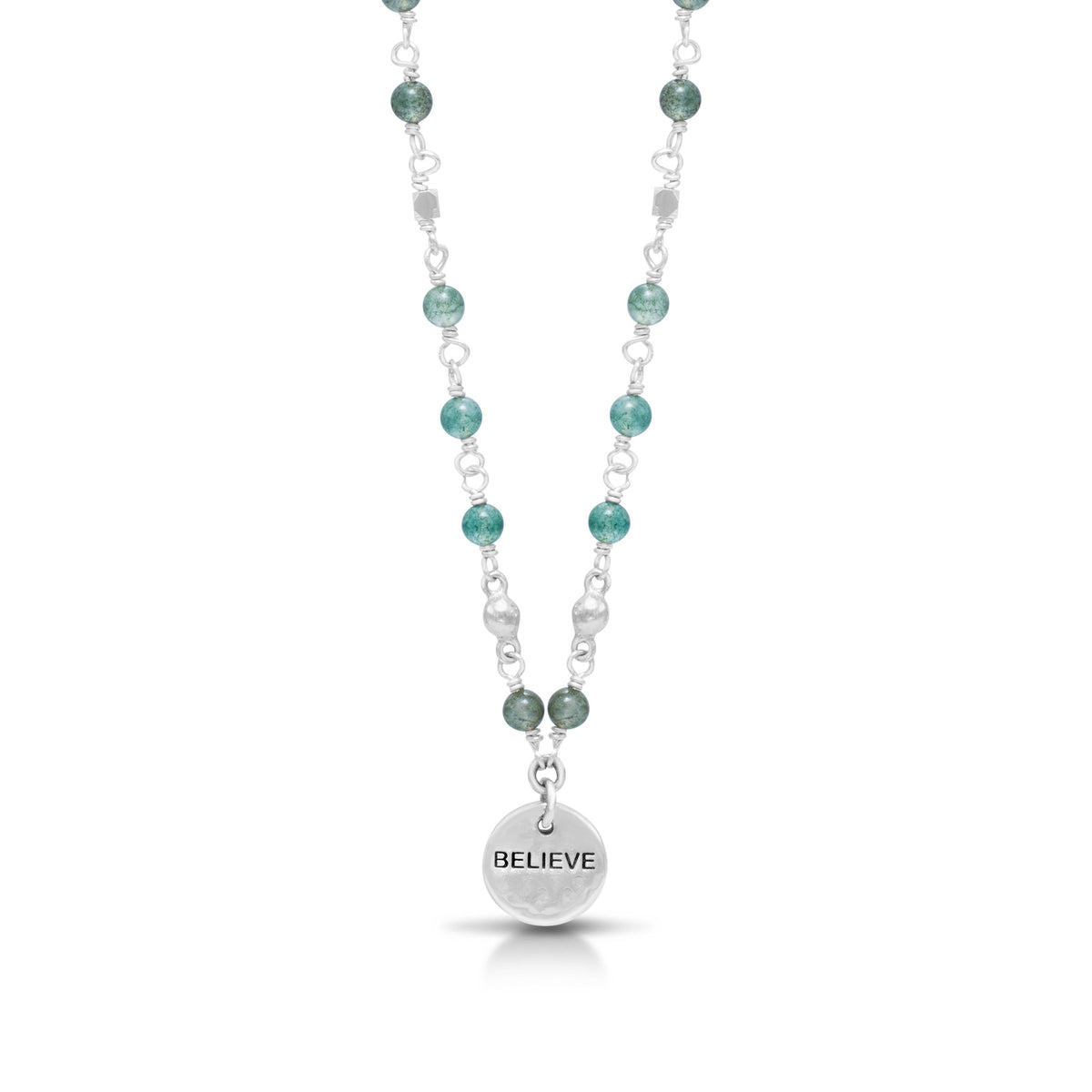 "Believe" Charm LH Scroll  with Moss Agate 4mm Wire-Wrapped Necklace