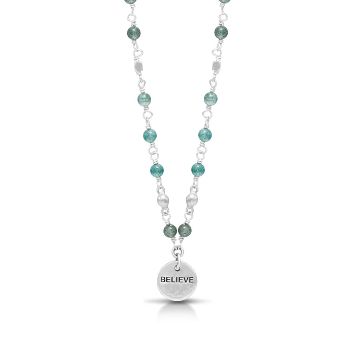 "Believe" Charm LH Scroll  with Moss Agate 4mm Wire-Wrapped Necklace