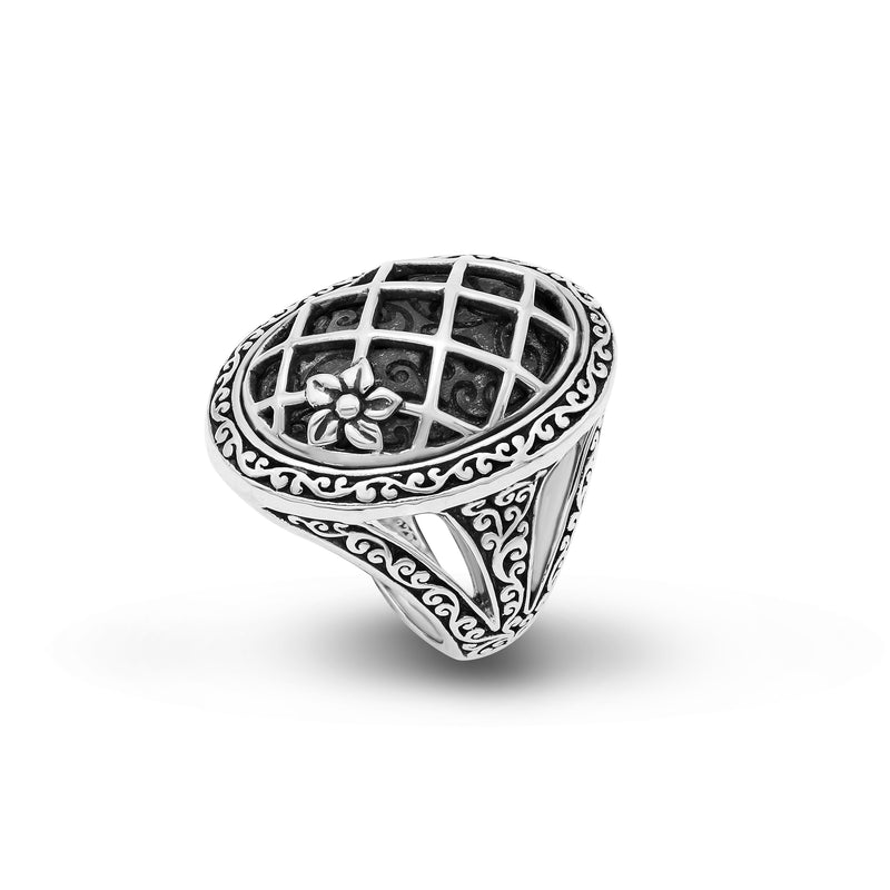 Antiqued LH Scroll Oval Caged with Floral Cocktail Ring
