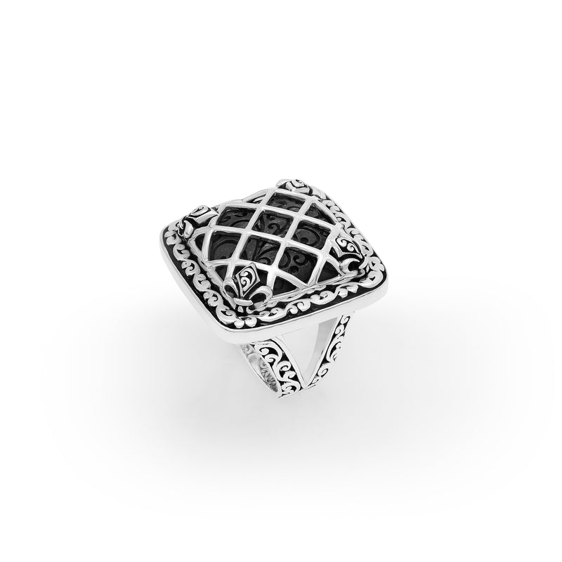 Antiqued LH Scroll Square Caged with Fleur-De-Lis Prong Cocktail Ring