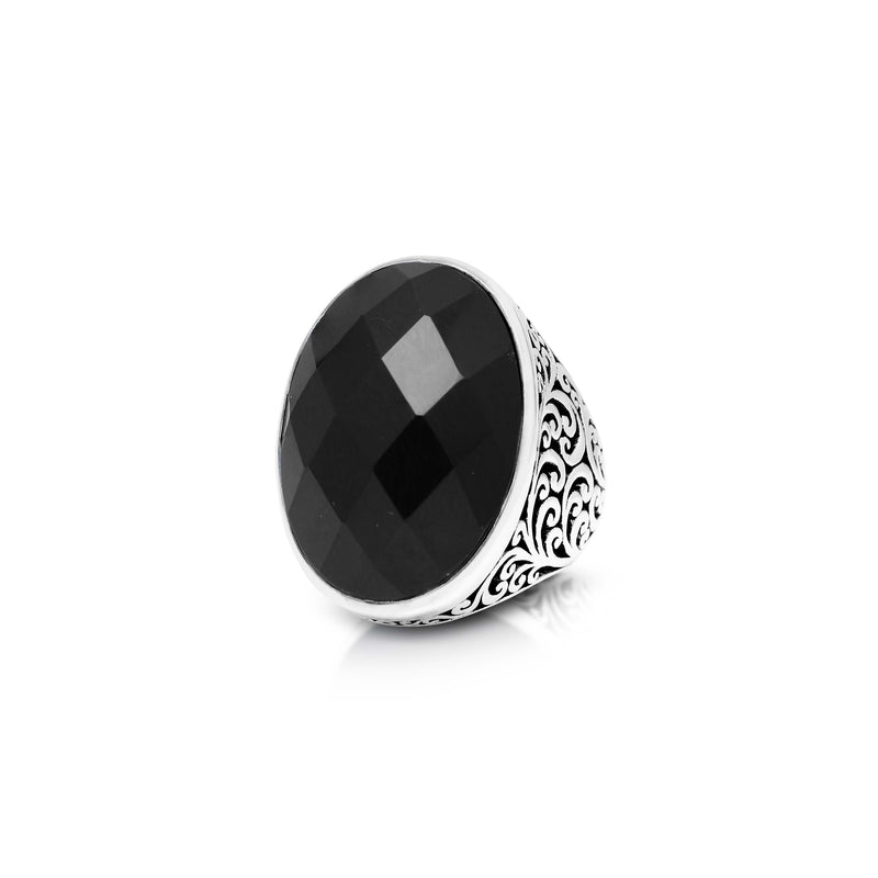 Oval Faceted Black Onyx LH Scroll Cocktail Ring