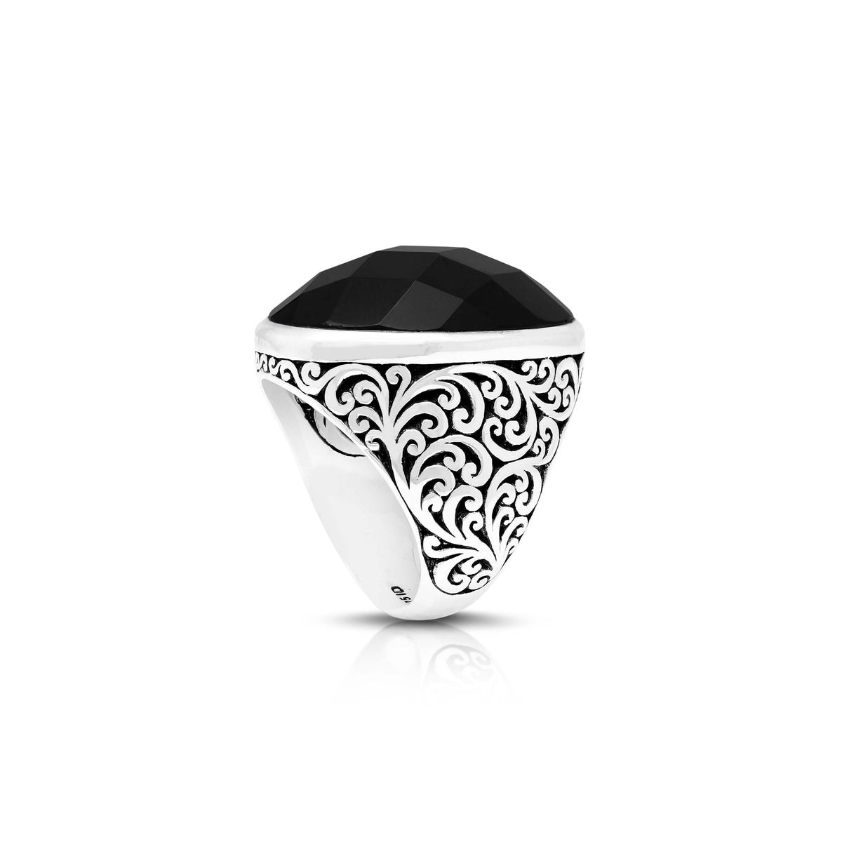 Oval Faceted Black Onyx LH Scroll Cocktail Ring