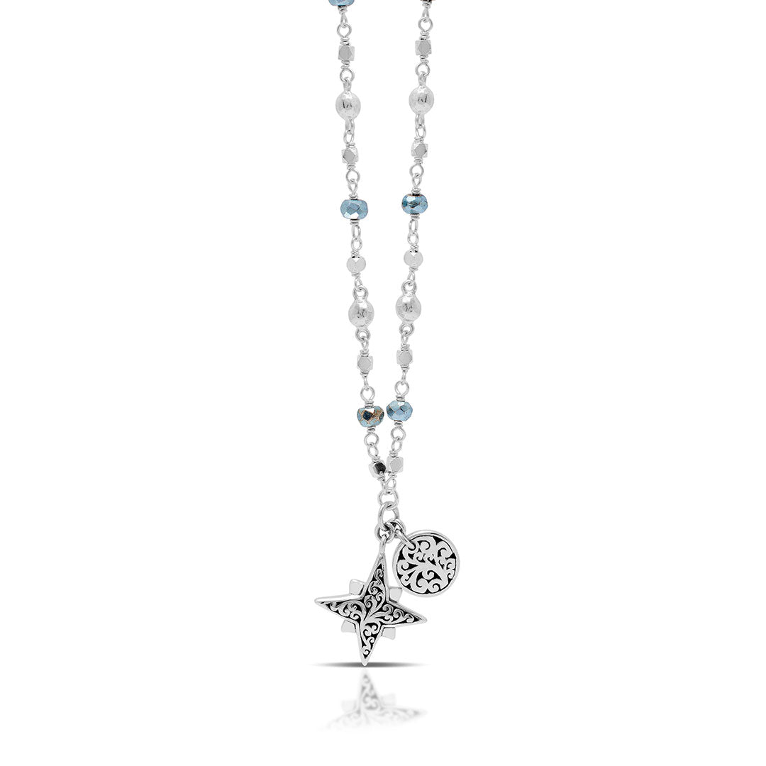 Pyrite Bead (4mm) & Sterling Silver Bead (4mm) with Round Scroll (10mm) and Star-Bright Charm (16mm) Necklace. 16" Chain