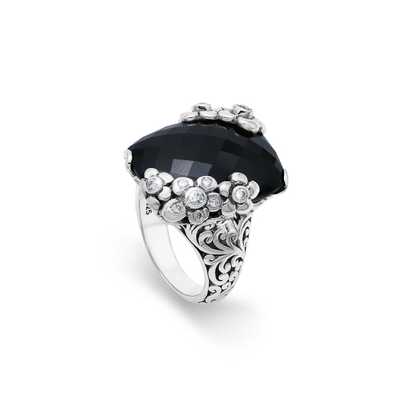 Black Onyx with White Diamond Floral LH Scroll Cocktail Ring