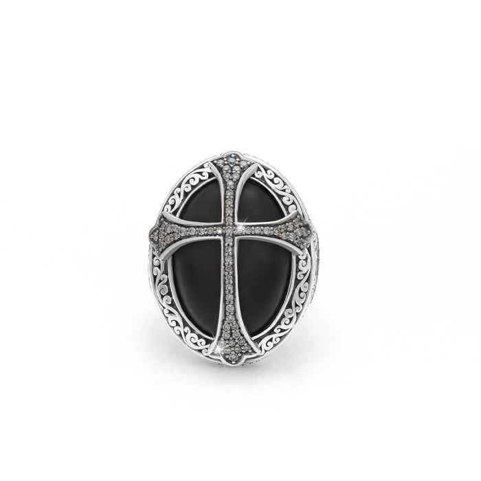 Pave Brown Diamond (.50cts) Cross Matte Black Onyx LH Scroll Cocktail Ring