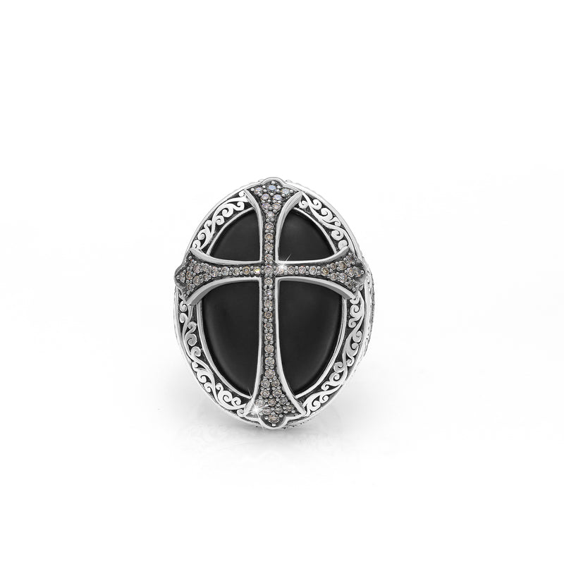 Pave Brown Diamond (.50cts) Cross Matte Black Onyx LH Scroll Cocktail Ring