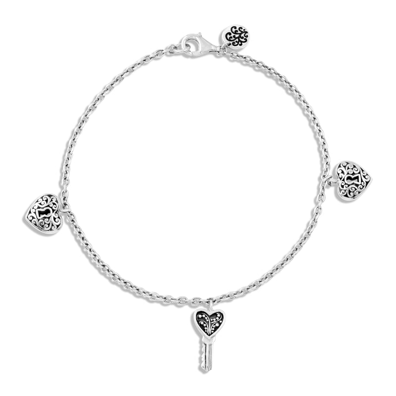 LH Scroll Heart-Shaped Padlock and Granulated Key Charm Ankle Bracelet