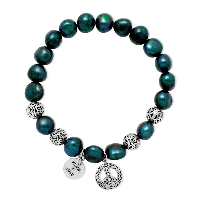 Blue Pearl (8mm) Beads & Signature LH Scroll Stretch Bracelet