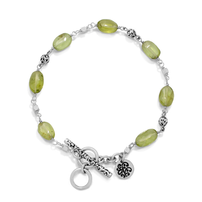 Flat Oval Peridot with LH Scroll Beads Wire-Wrapped Bracelet