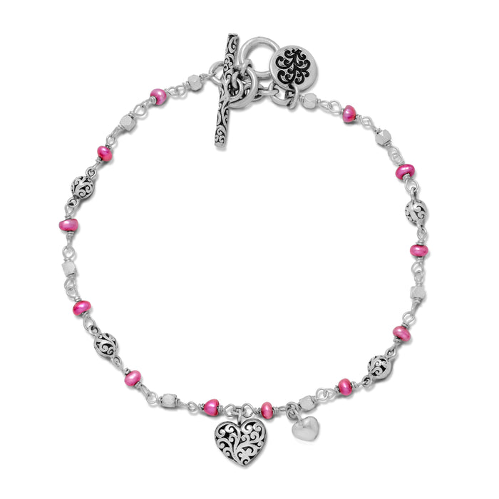 Pink Pearl Beads (4mm) & Delicate Single Strand with LH Scroll Heart-Shaped Charm Bracelets