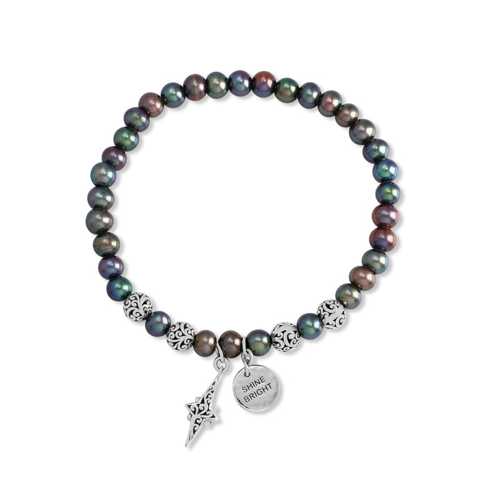 Peacock Pearl Beads (6mm) and LH Scroll Beads with Starbright and "Shine Bright" Charm Stretch Bracelet