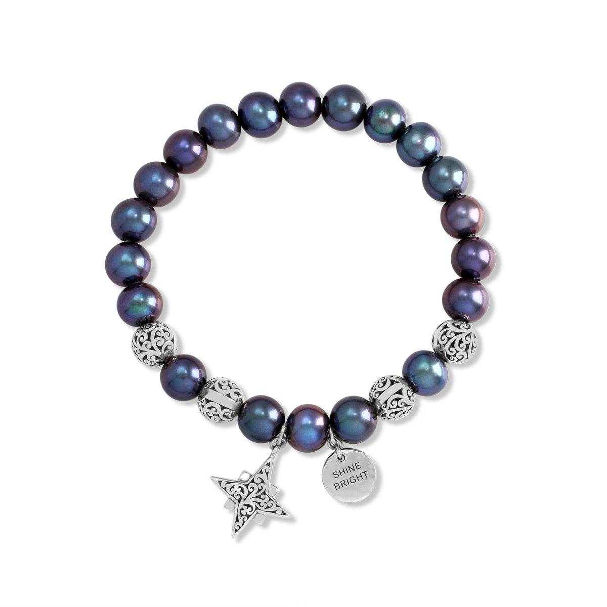Peacock Pearl Beads (8mm) and LH Scroll Beads with Starbright & "Shine Bright" Charm Stretch Bracelet