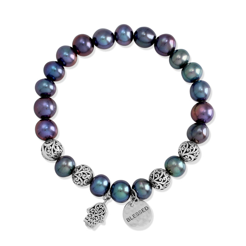 Peacock Pearl Beads (8mm) and LH Scroll Beads with Hamsa & "Blessed" Charm Stretch Bracelet