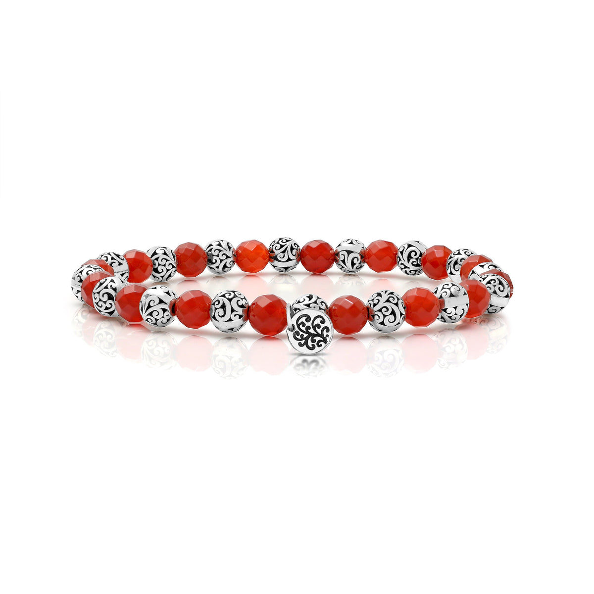 6 mm LH Signature Scroll and Red Carnelian Alternated Beads Stretch Bracelet