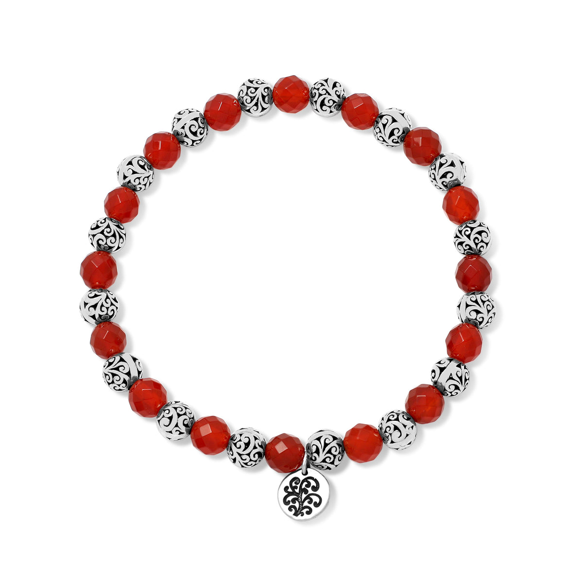 6 mm LH Signature Scroll and Red Carnelian Alternated Beads Stretch Bracelet