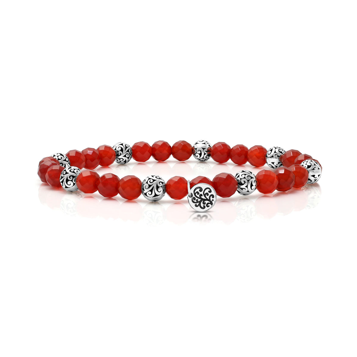 6 mm LH Signature Scroll and Red Carnelian Every Three Alternated Beads Stretch Bracelet